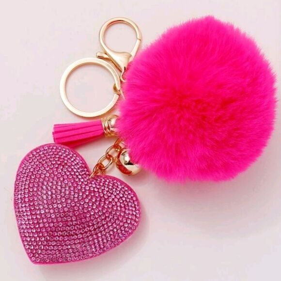 Hot Pink Crystal Swavorski Heart Tassel Faux Fur Pom Keychain Purse Charm - Picture 2 of 2